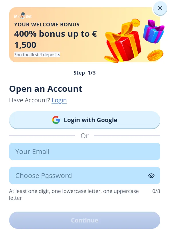 Mr Bet Registration Screen